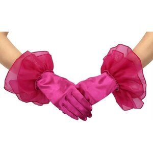 Women's Ruffled Evening Fuchsia Short Satin Formal Gloves Costume Accessories